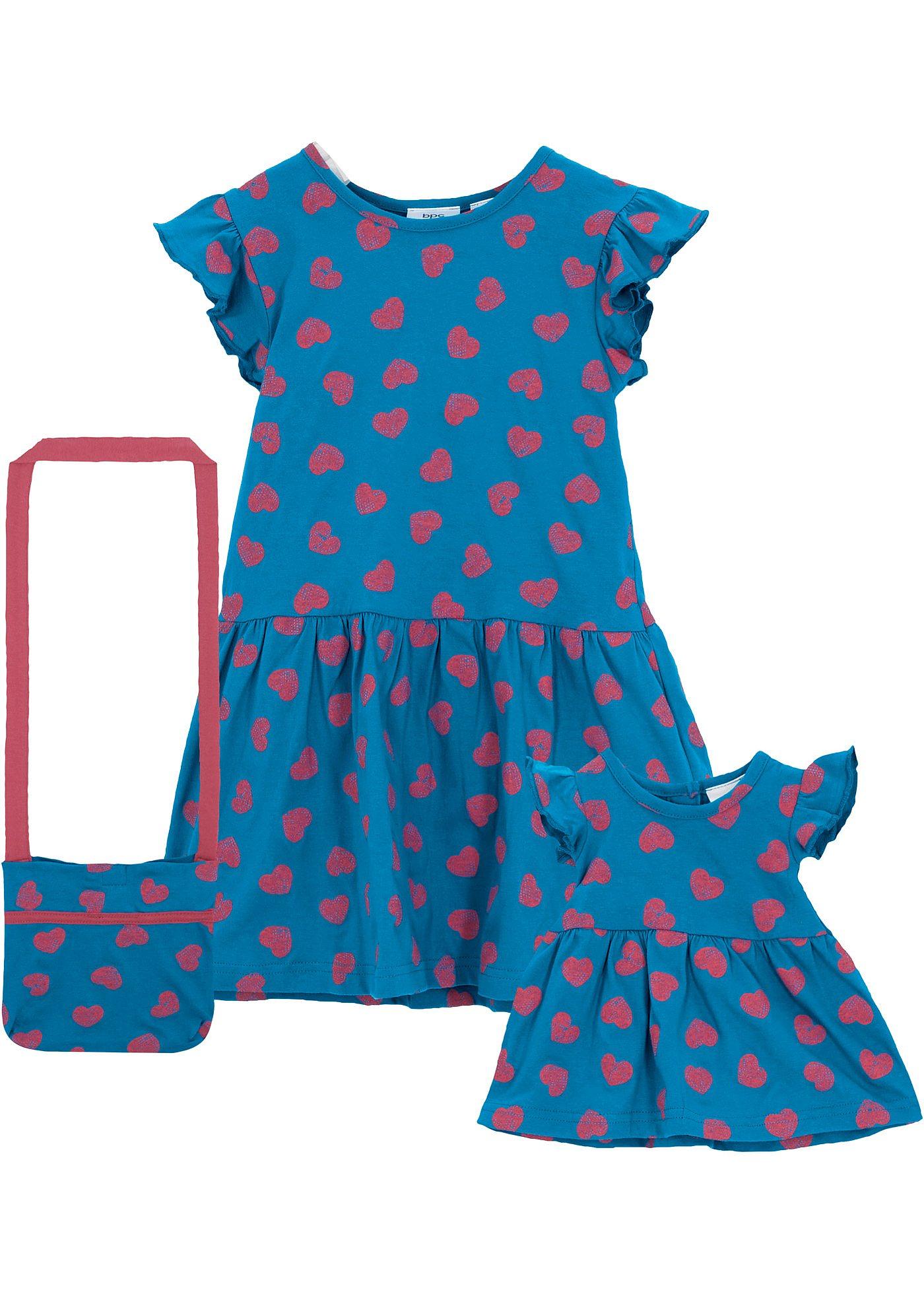 Meisjes jersey jurk, tas en poppenjurk (3-dlg. set)