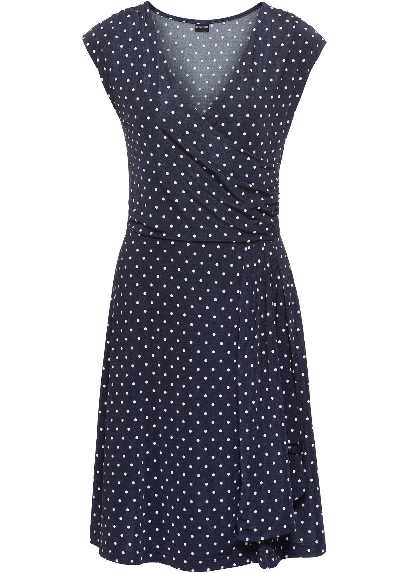 Jurk met stippen en plooitjes donkerblauw/wolwit gestippeld