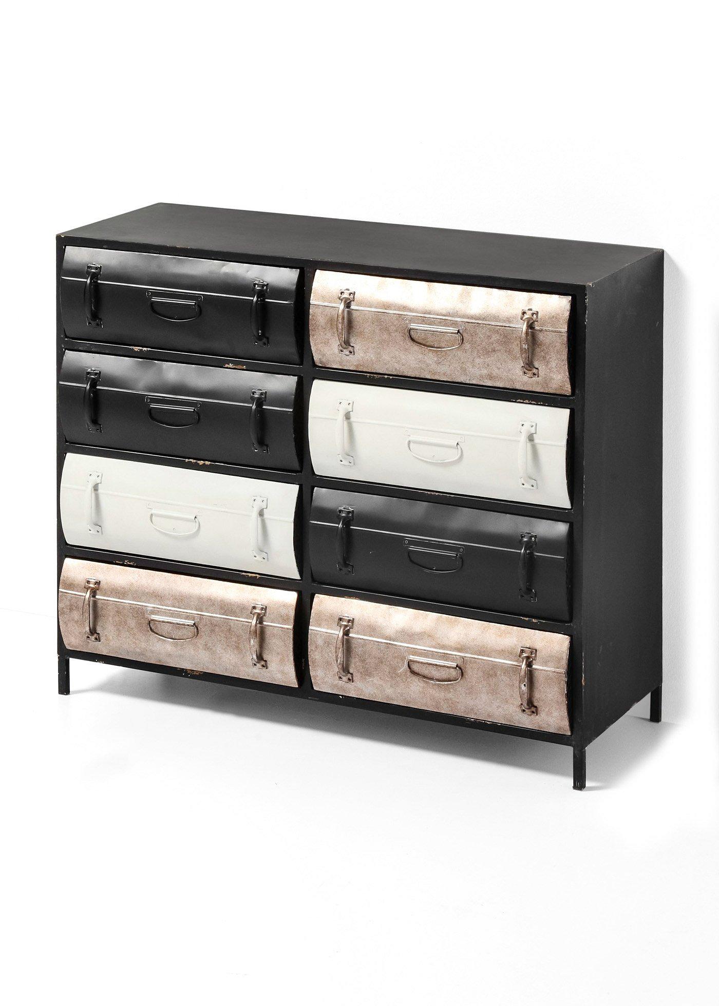 Metalen kast met 8 lades in kofferdesign zwart/bruin, ladekast