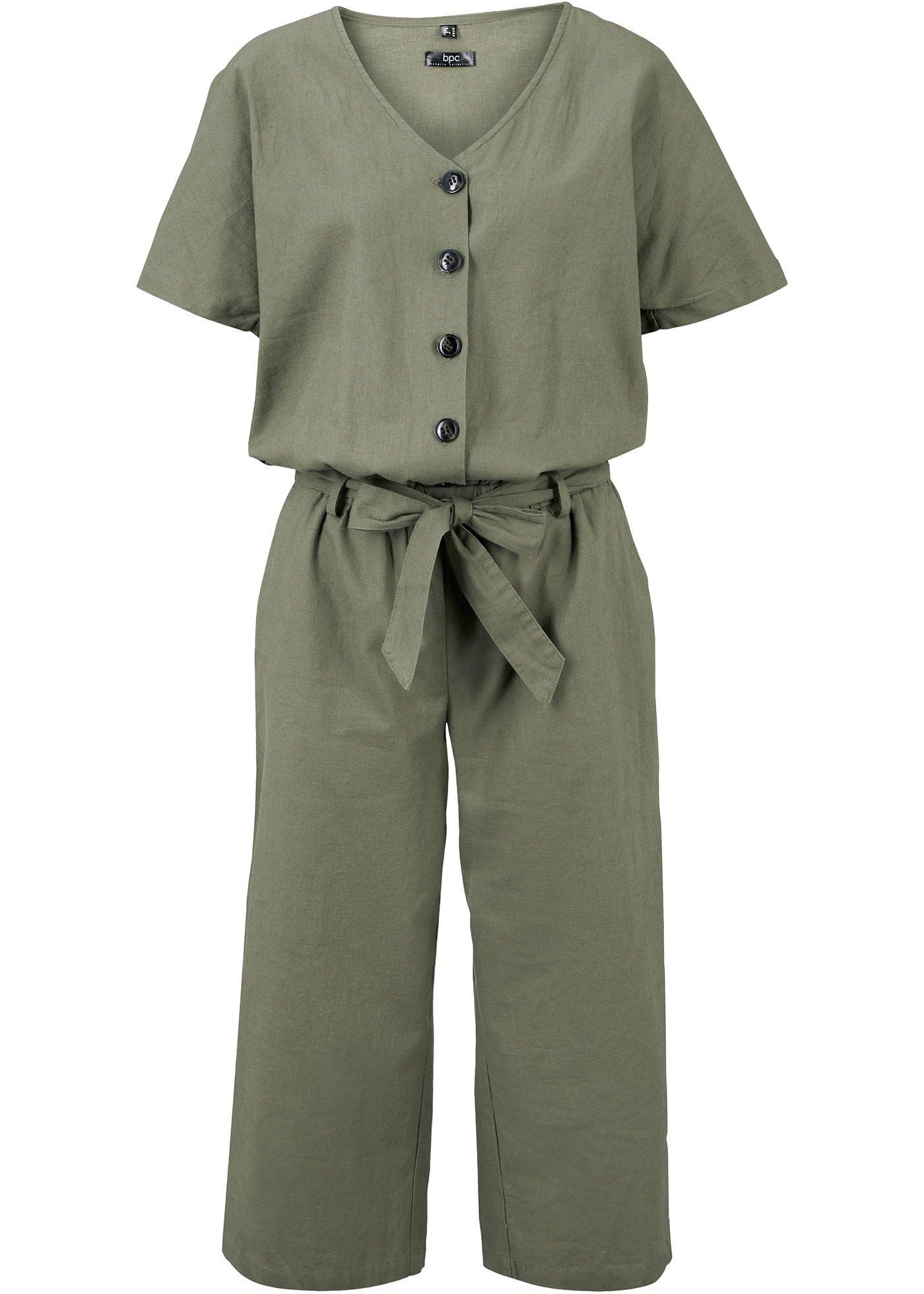 Trendy linnen jumpsuit met wijde pijpen en een knoopsluiting olijfgroen