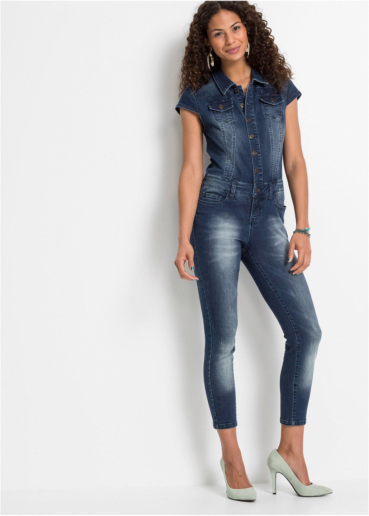 Stylish jeans jumpsuit met een wassing donkerblauw denim