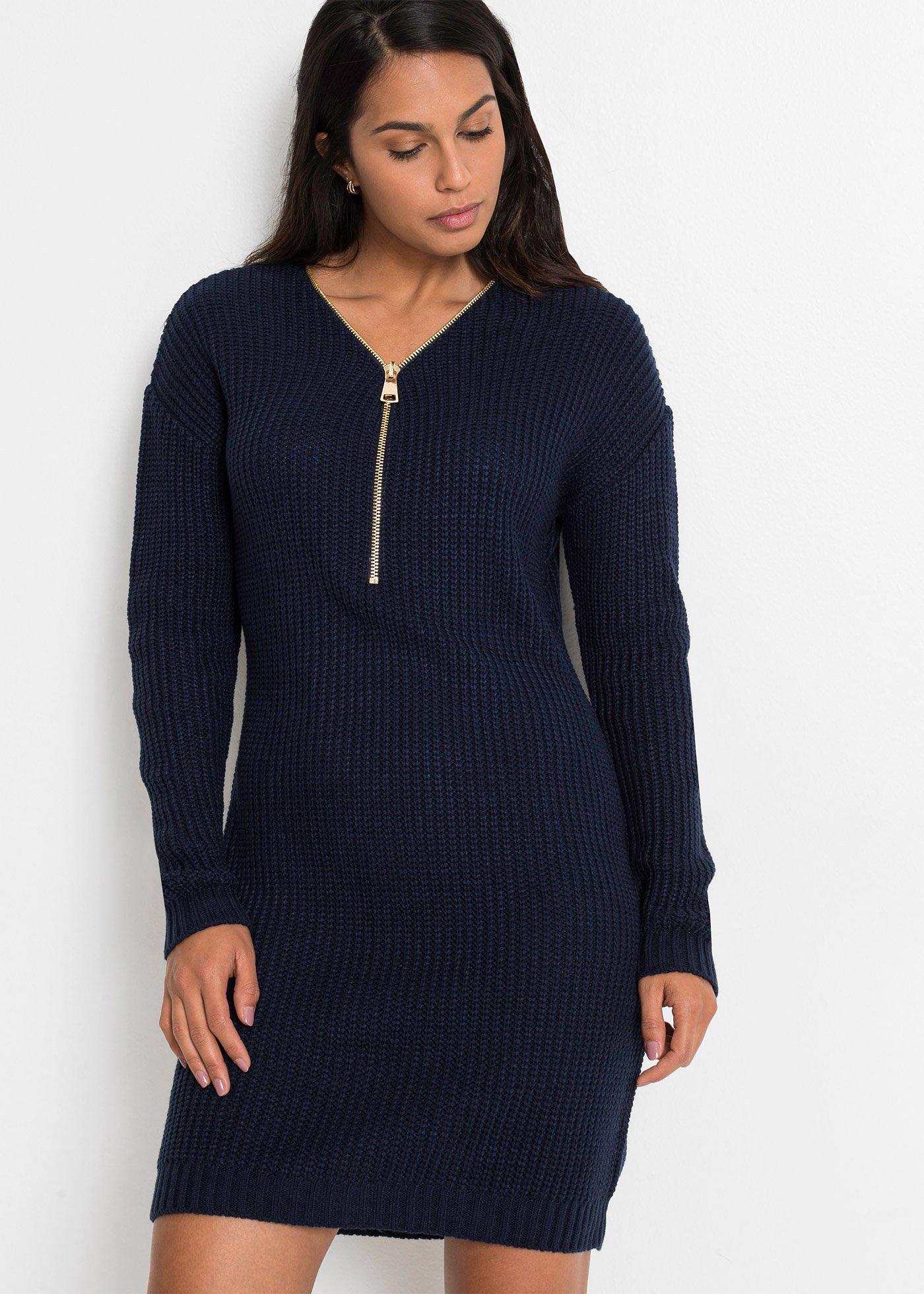 Moderne jurk van knitwear met een ritssluiting donkerblauw