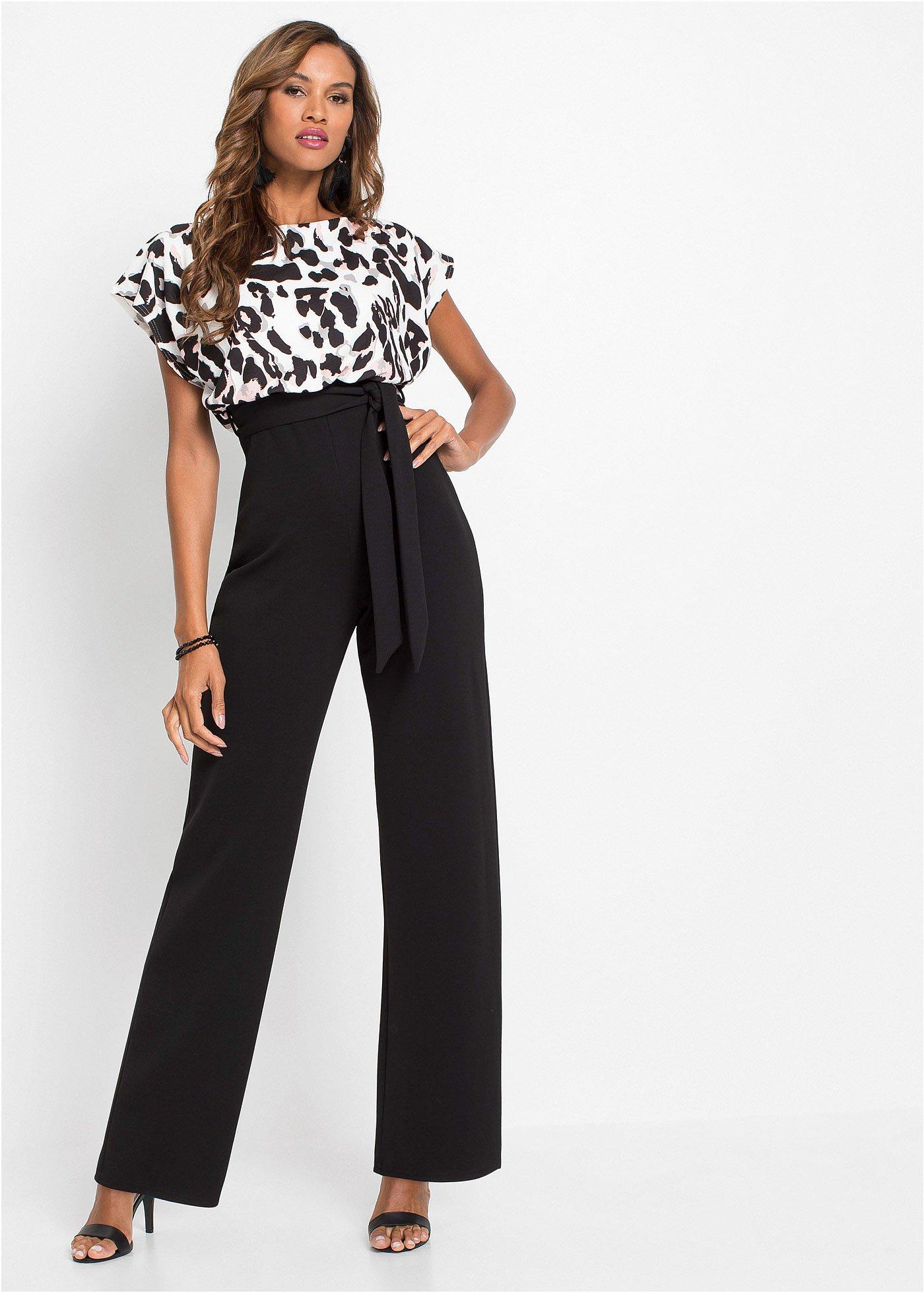 Elegante jumpsuit met een strikceintuur zwart/wit/roze luipaardprint, regular