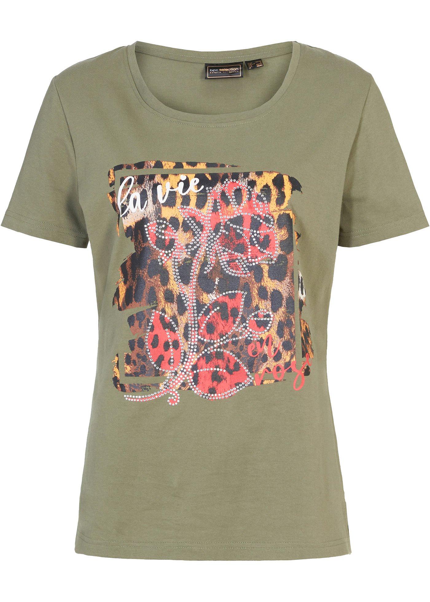 T-shirt met print en glittersteentjes