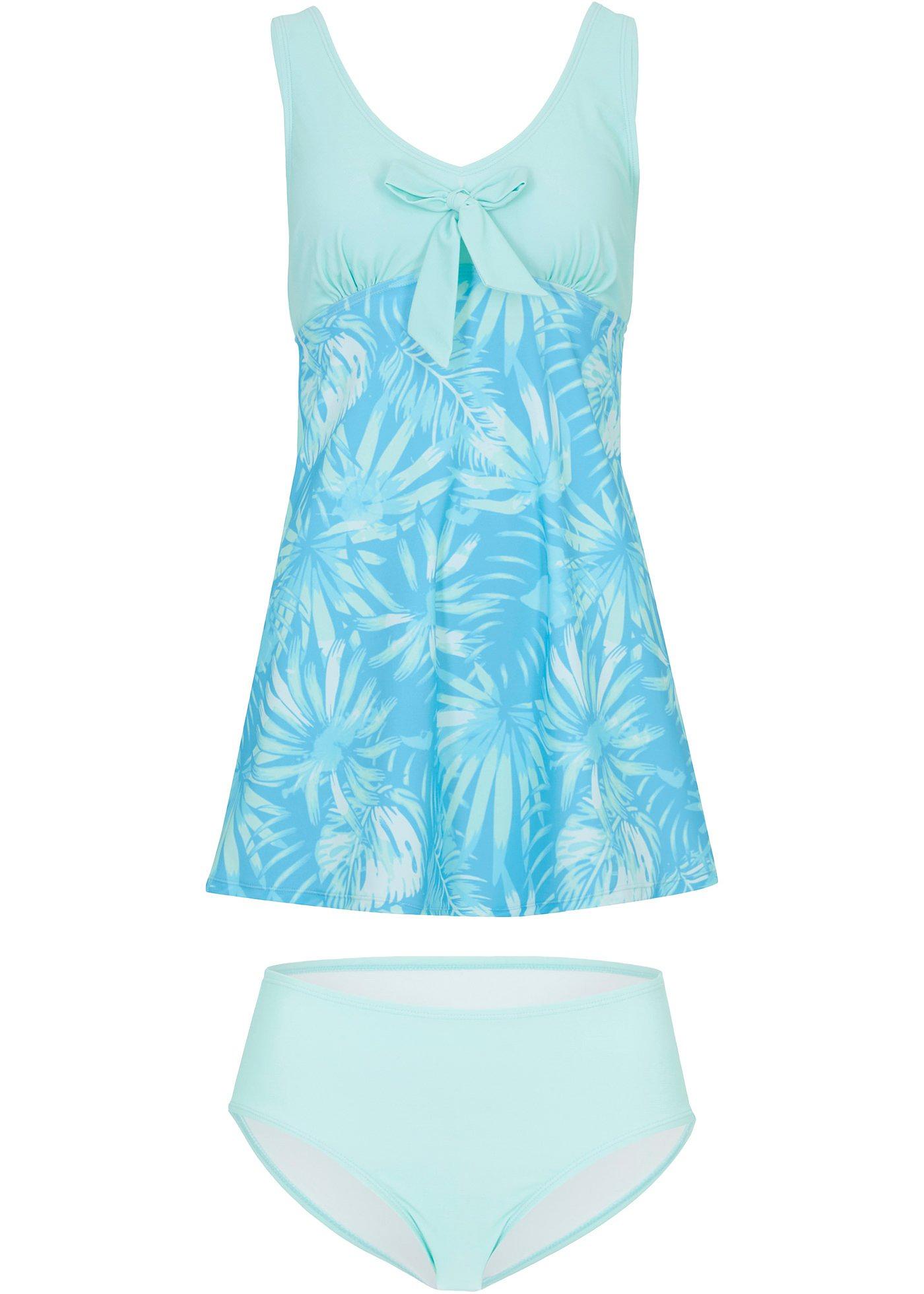 Trendy tankini in lange maten turkoois gedessineerd
