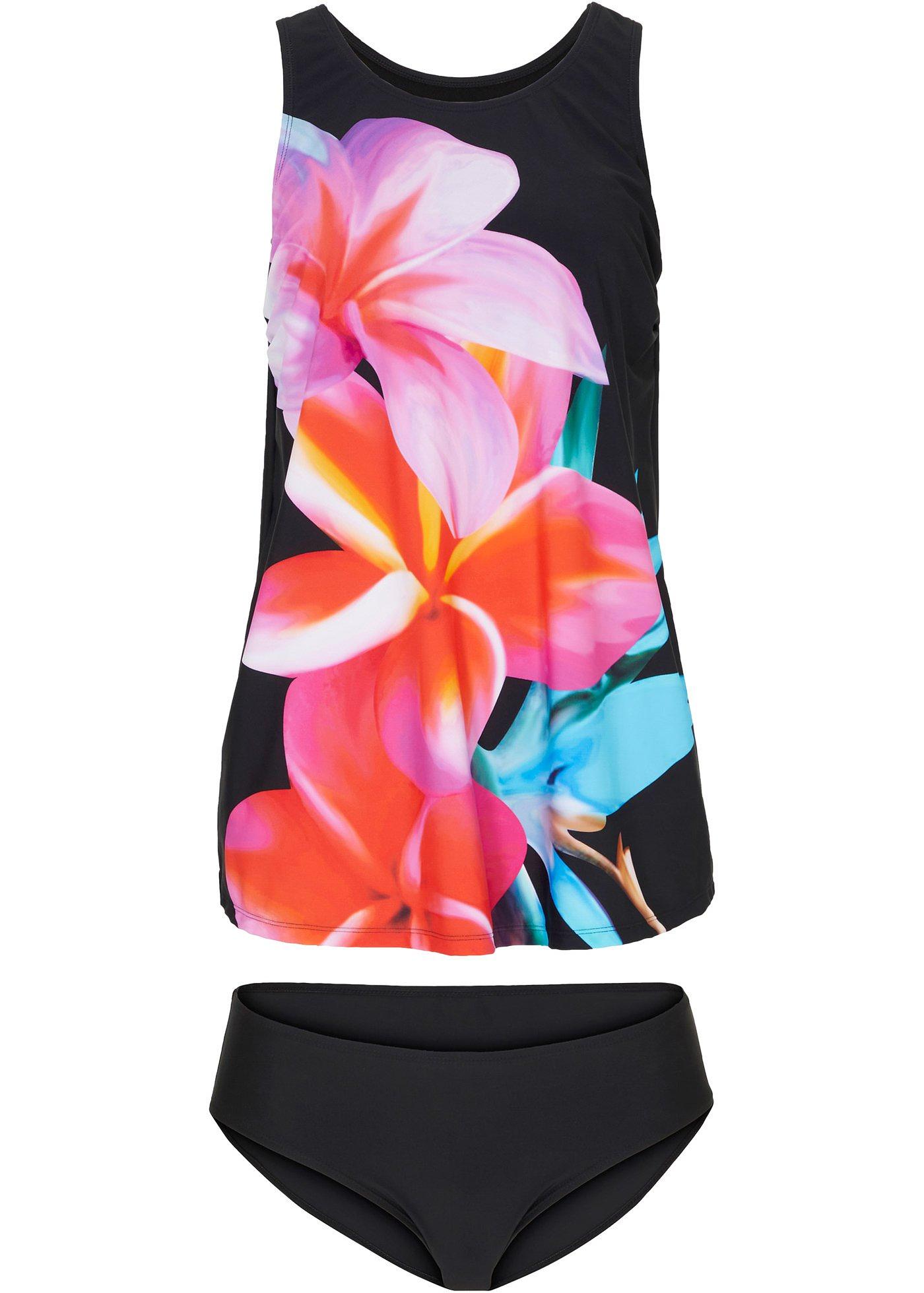 Trendy tankini in lange maten zwart/pink/oranje gebloemd
