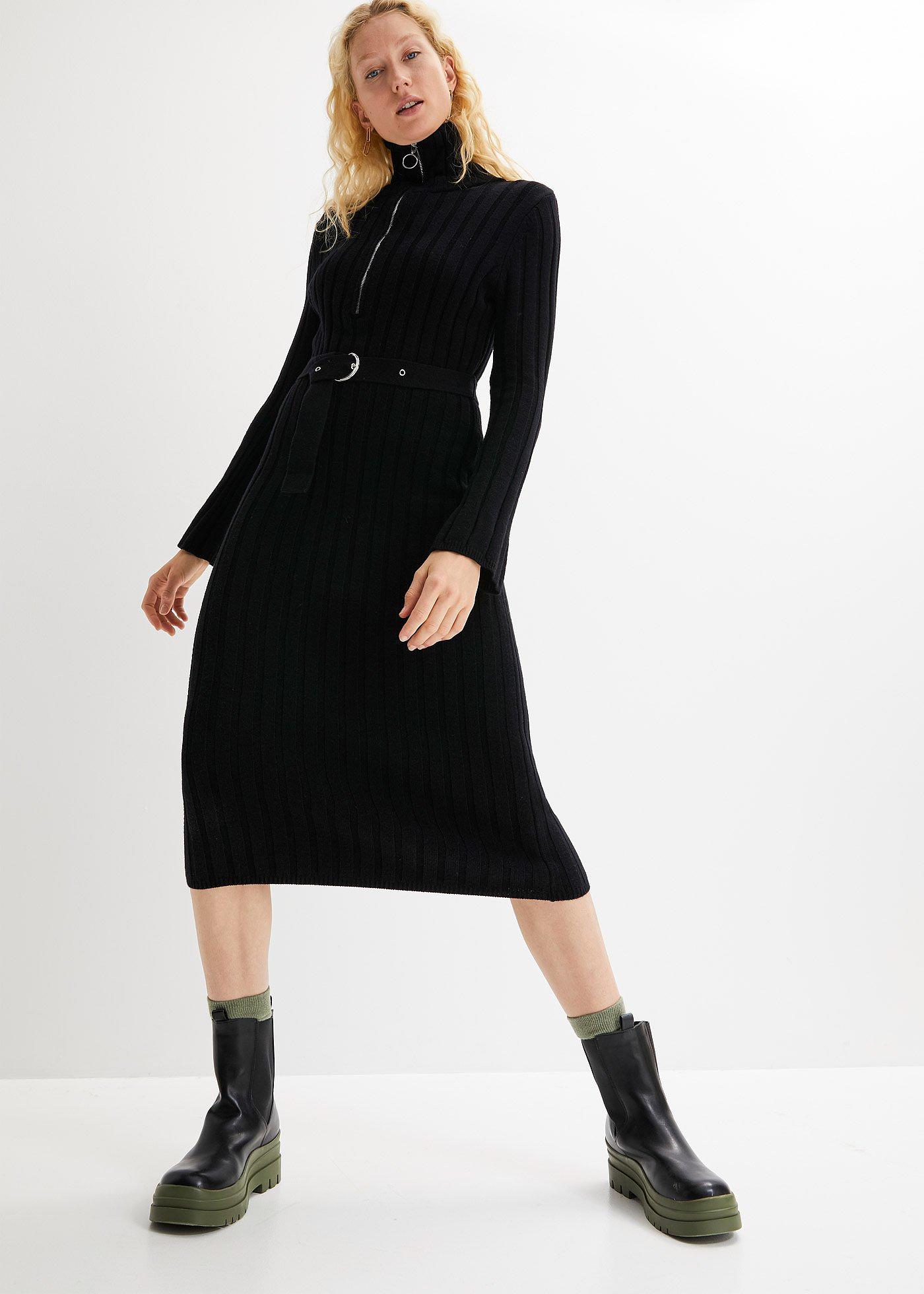 Trendy geribde jurk van knitwear met een stylish schipperskraag zwart