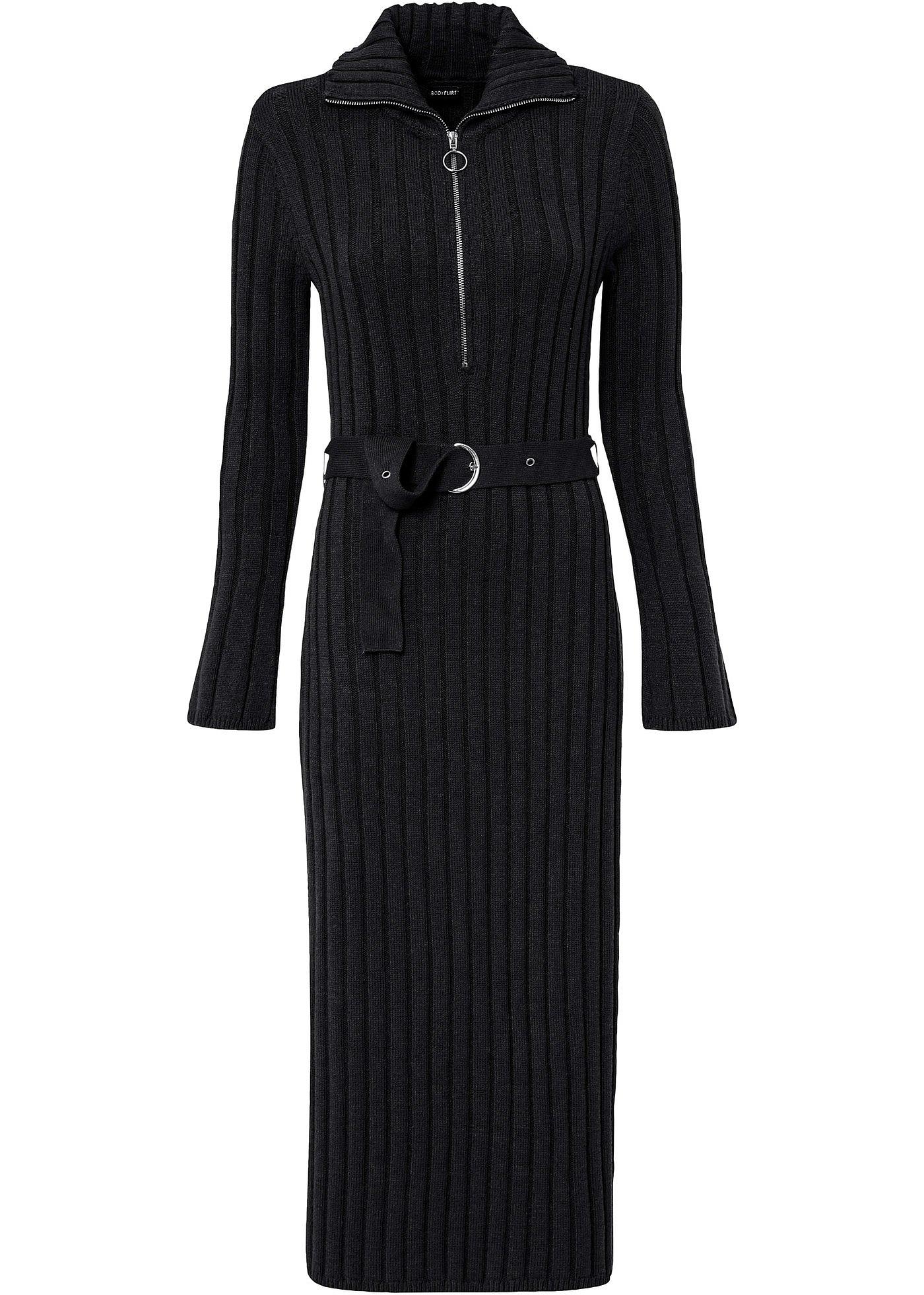 Trendy geribde jurk van knitwear met een stylish schipperskraag zwart