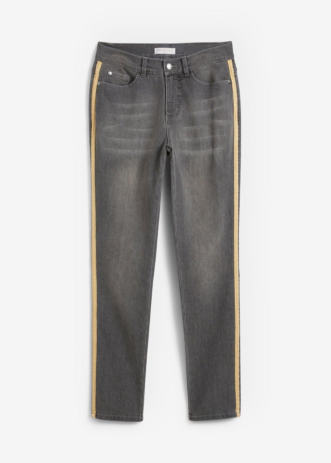 Trendy stretch jeans met glinsterende tapes grijs denim