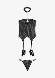 Bustier met jarretels en string in wetlook (2-dlg. set), VENUS