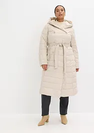 Waterafstotende lange gewatteerde jas met imitatiewolkraag en strikceintuur (2-dlg.), bonprix