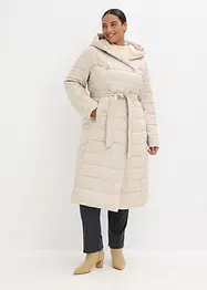Waterafstotende lange gewatteerde jas met imitatiewolkraag en strikceintuur (2-dlg.), bonprix