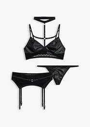Bralette, string, jarretels in wetlook (3-dlg. set), bonprix