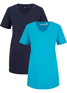 Basic longshirt (set van 2) met V-hals en korte mouwen, bonprix