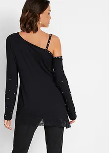 Cold shoulder shirt met kant en parels, bonprix