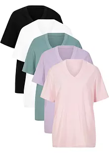 Wijd lang shirt met V-hals, korte mouwen (set van 5), bonprix