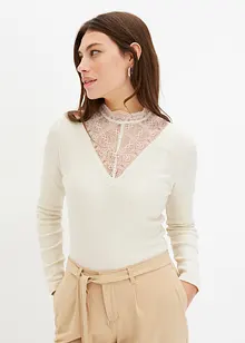 Geribd shirt met kanten halslijn, bonprix