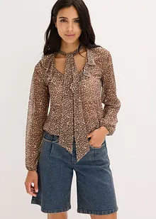 Mesh shirt met volant en strikhals, bonprix