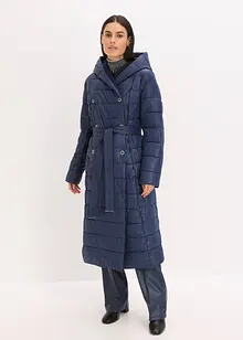 Waterafstotende lange gewatteerde jas met imitatiewolkraag en strikceintuur (2-dlg.), bonprix