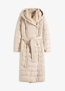 Waterafstotende lange gewatteerde jas met imitatiewolkraag en strikceintuur (2-dlg.), bonprix