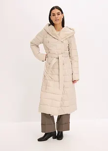 Waterafstotende lange gewatteerde jas met imitatiewolkraag en strikceintuur (2-dlg.), bonprix