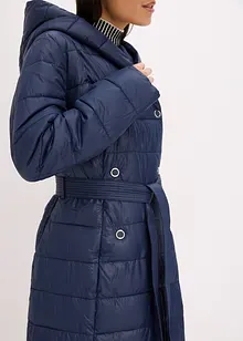 Waterafstotende lange gewatteerde jas met imitatiewolkraag en strikceintuur (2-dlg.), bonprix