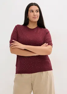 Fijngebreide trui met halflange mouwen en glittersteentjes, bonprix