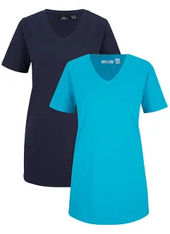 Basic longshirt (set van 2) met V-hals en korte mouwen, bonprix