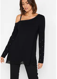 Cold shoulder shirt met kant en parels, bonprix