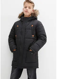 Winterparka met imitatieleer details en capuchon met bontrand, bonprix