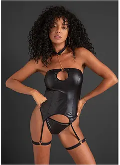 Bustier met jarretels en string in wetlook (2-dlg. set), VENUS