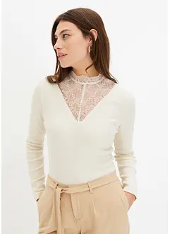 Geribd shirt met kanten halslijn, bonprix