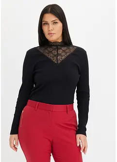 Geribd shirt met kanten halslijn, bonprix