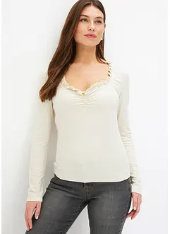 Geribd shirt met plooitjes en volants, bonprix