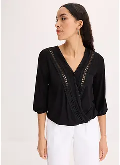 Shirt met 3/4 mouwen en kant in een wikkelllook, bonprix