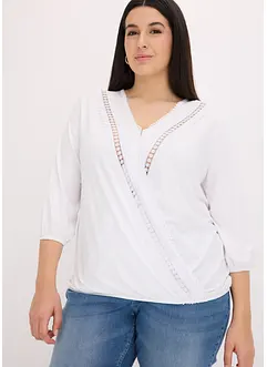Shirt met 3/4 mouwen en kant in een wikkelllook, bonprix