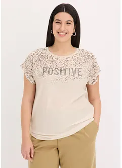Shirt met geweven inzetstuk en glinsterende steentjes, bonprix