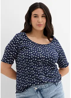 Geribd shirt met bloemenprint, halflange mouw, bonprix