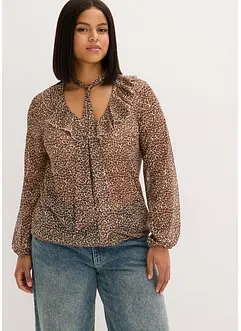Mesh shirt met volant en strikhals, bonprix