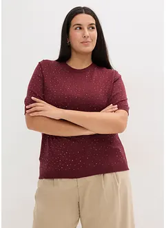 Fijngebreide trui met halflange mouwen en glittersteentjes, bonprix