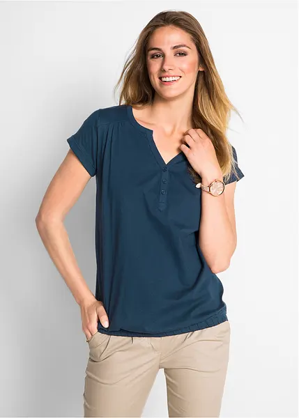 Shirt met V-hals, korte mouwen en korte knoopsluiting donkerblauw