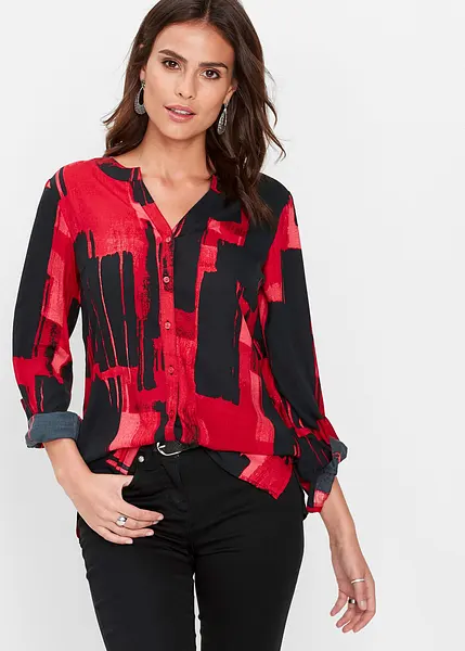 Prachtig gedessineerde blouse in een langer model rood zwart