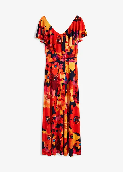 Betoverende jurk met een volant en een strikceintuur geel/rood