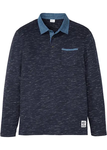 Stoer poloshirt met lange mouwen en en een denim kraag