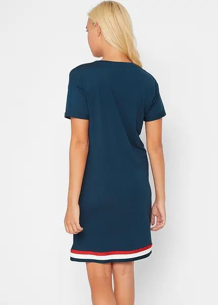 Moderne jersey jurk met een omslag op de mouwen donkerblauw