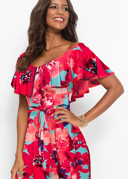 Betoverende jurk met een volant en een strikceintuur turkoois