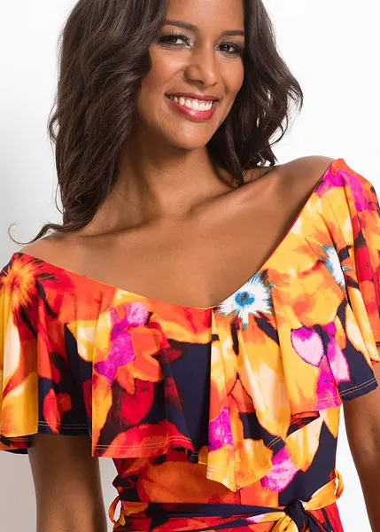 Betoverende jurk met een volant en een strikceintuur geel/rood