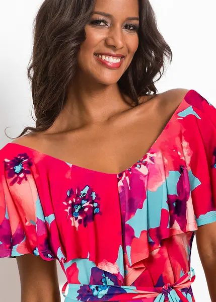 Betoverende jurk met een volant en een strikceintuur turkoois