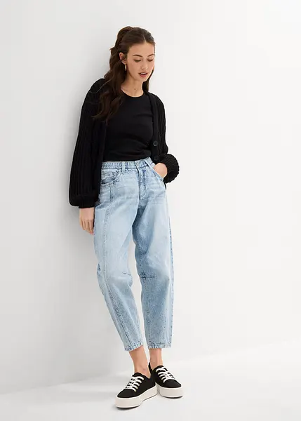 Barrel jeans mid waist, cropped ijsblauw denim used, Regular