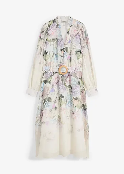 Romantische ramie midi-jurk met bijpassende riem lila poudre